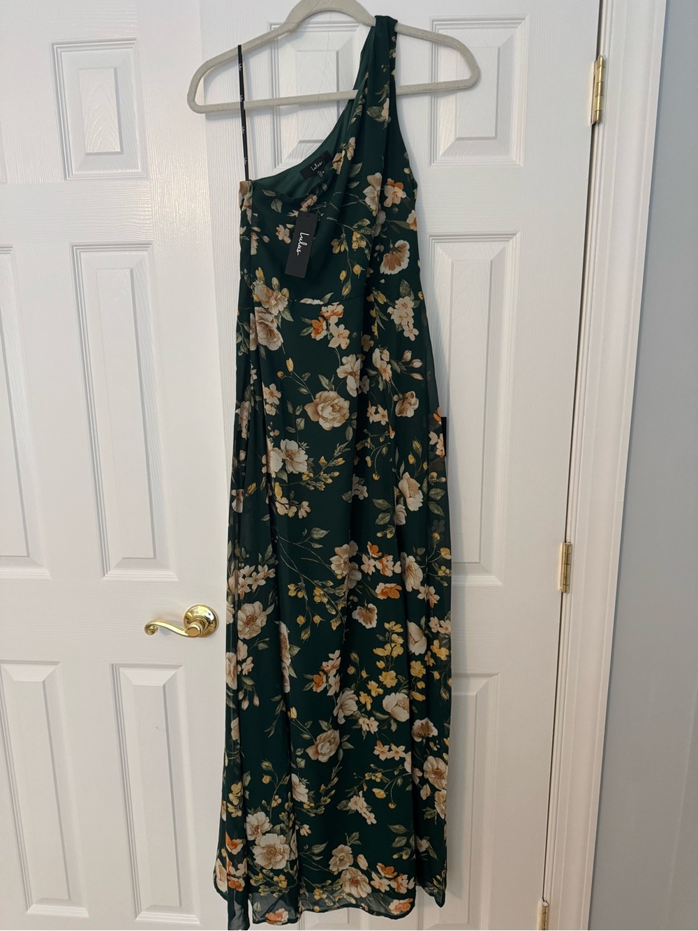 Lulu's Forest Green One-Shoulder Floral Maxi Dress